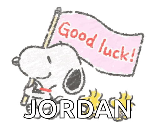 A Drawing Of Snoopy Holding A Flag That Says Good Luck And The Name Jordan GIF