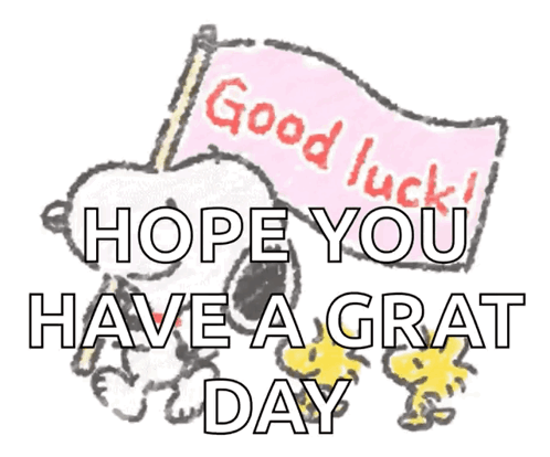 A Drawing Of Snoopy Holding A Pink Flag That Says Good Luck Hope You Have A Grat Day GIF