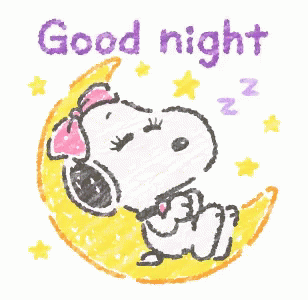 A Drawing Of Snoopy Sleeping On A Crescent Moon With The Words Good Night Written Below Him GIF