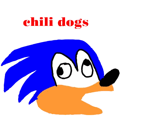 a drawing of sonic the hedgehog with chili dogs written above him