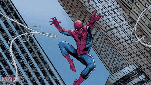 A Drawing Of Spider-Man Flying Through The Air With The Words Marvel Comics On The Bottom GIF