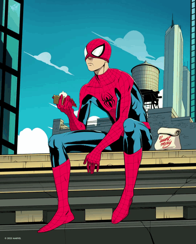 A Drawing Of Spider-Man Sitting On A Ledge Eating A Hotdog GIF