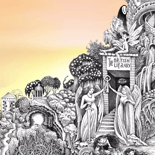 A Drawing Of The British Library With Angels And A Key GIF