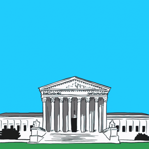 A Drawing Of The Supreme Court Building With The Word Justice Written Above It GIF