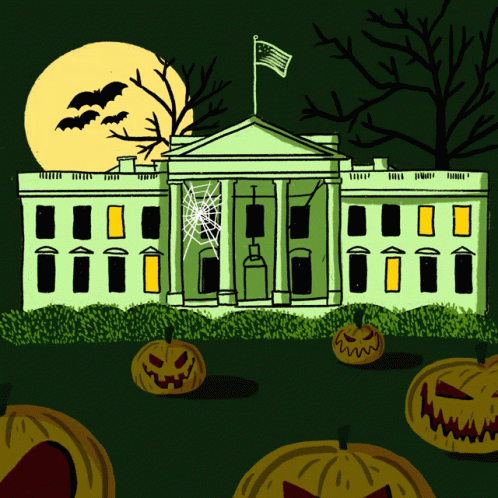 A Drawing Of The White House Decorated For Halloween With Pumpkins And Bats GIF
