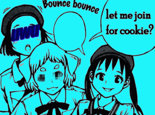 A Drawing Of Three Girls With A Speech Bubble That Says Bounce Bounce Thank GIF