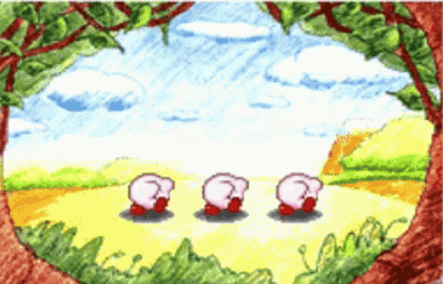 A Drawing Of Three Kirbys Standing In A Field With Trees In The Background GIF