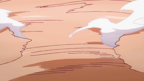 A Drawing Of Two Birds Flying Over A Sandy Surface GIF