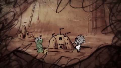 A Drawing Of Two Cartoon Characters Standing In Front Of A Castle Made Of Sand GIF