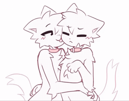 A Drawing Of Two Cats Hugging Each Other With One Wearing A Collar GIF