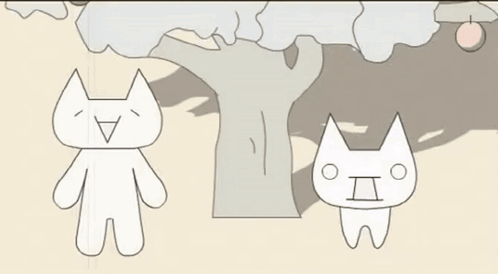A Drawing Of Two Cats Standing Under A Tree With An Apple Hanging From It GIF