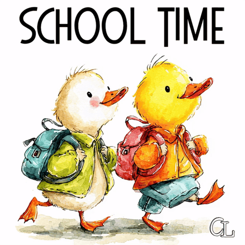 a drawing of two ducklings walking to school with the words school time behind them