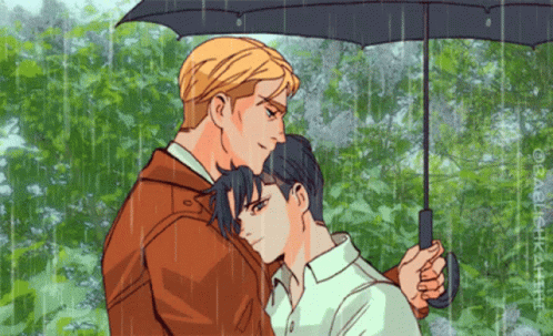 A Drawing Of Two Men Holding An Umbrella In The Rain With A Watermark That Says ' Oasis ' GIF