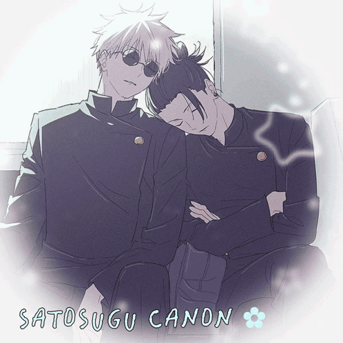A Drawing Of Two Men Sleeping With The Words Satosugu Canon Below Them GIF