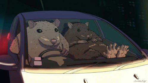 A Drawing Of Two Mice In A Car With The Word Lucky Written Below Them GIF