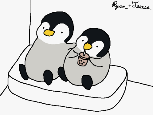 A Drawing Of Two Penguins With The Name Ryan + Teresa GIF