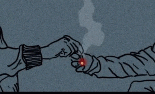 a drawing of two people smoking a cigarette with smoke coming out of it