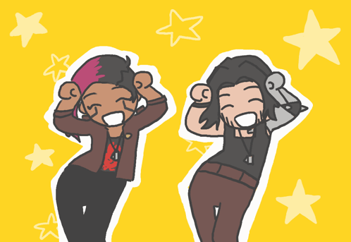 A Drawing Of Two People With Their Hands On Their Heads GIF