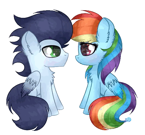 a drawing of two ponies looking at each other with one having a rainbow mane