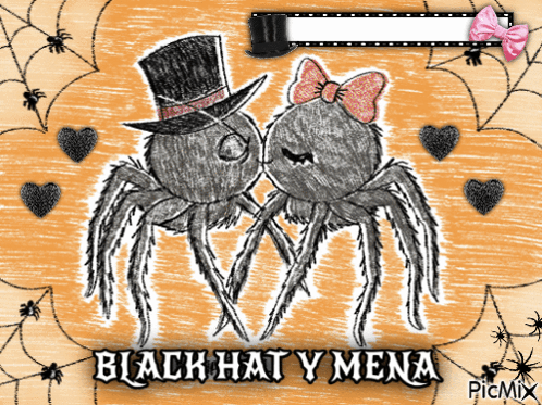 A Drawing Of Two Spiders Wearing Top Hats And Bows With The Words Black Hat Y Mena On The Bottom GIF