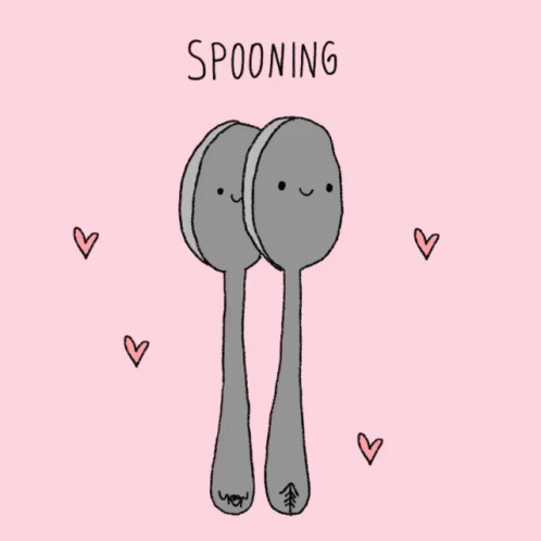 A Drawing Of Two Spoons With Faces And The Words " Spooning " GIF