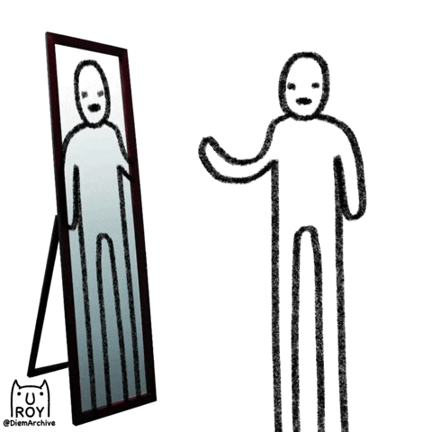 A Drawing Of Two Stick Figures Looking At Their Reflection In A Mirror GIF