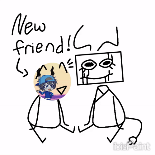 A Drawing Of Two Stick Figures Sitting Next To Each Other With The Words " New Friend " Written Above Them GIF