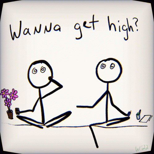 A Drawing Of Two Stick Figures Sitting Next To Each Other With The Words " Wanna Get High " Above Them GIF