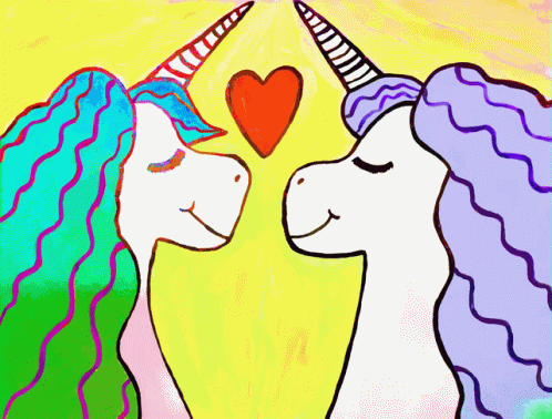 A Drawing Of Two Unicorns Kissing With A Red Heart In The Middle GIF