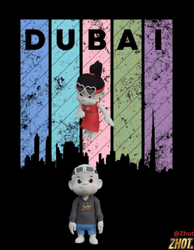 A Dubai Poster With A Boy And A Girl In Front Of It GIF