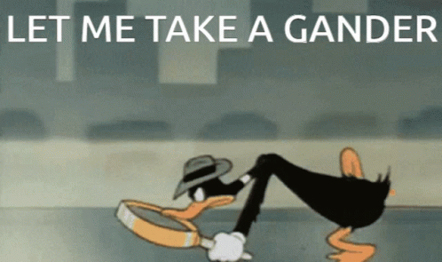 A Duck Holding A Magnifying Glass With The Words Let Me Take A Gander Above It GIF