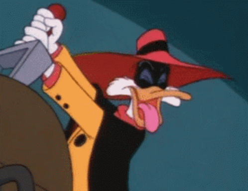 a duck in a red hat is holding a knife in his hand .