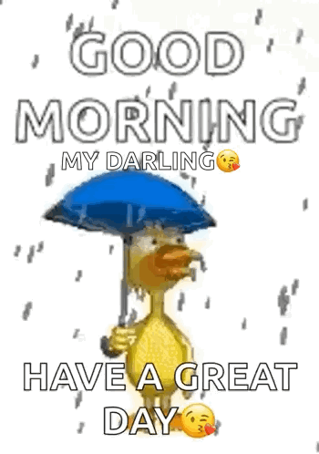 A Duck Is Holding A Blue Umbrella In The Rain . GIF