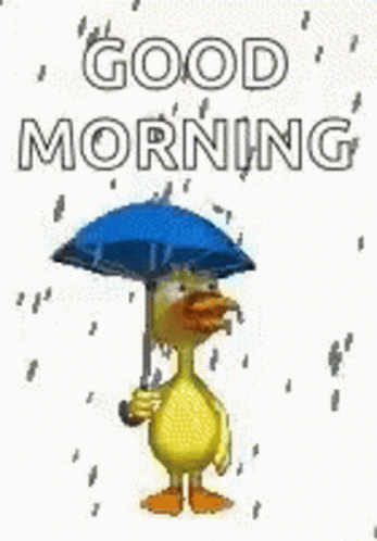 A Duck Is Holding A Blue Umbrella In The Rain . GIF