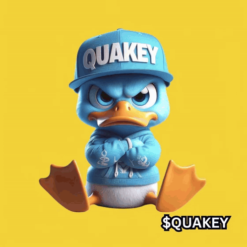 A Duck Wearing A Blue Hat That Says Quake GIF