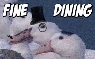 a duck wearing a top hat with the words fine dining on the bottom