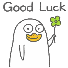 a duck with a yellow beak is holding a green flower and says `` good luck '' .