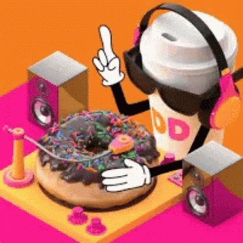 A Dunkin Donuts Cartoon Character Is Wearing Headphones And Holding A Donut On A Turntable GIF