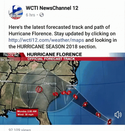 A Facebook Post From Wcti Newschannel 12 Shows The Latest Forecasted Track Of Hurricane Florence GIF
