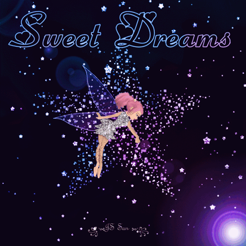 A Fairy Is Flying In The Night Sky With The Words Sweet Dreams GIF