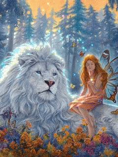 A Fairy Is Sitting Next To A White Lion In A Painting GIF