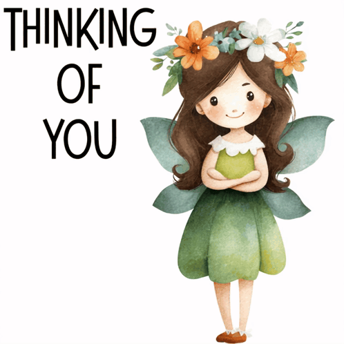A Fairy With Flowers In Her Hair Is Holding An Apple And Says Thinking Of You GIF