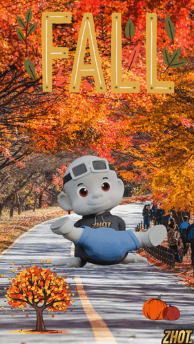 A Fall Poster With A Cartoon Character And The Word Fall GIF