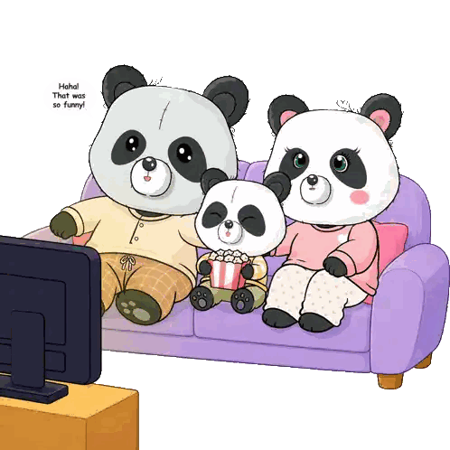 a family of panda bears sitting on a couch watching television