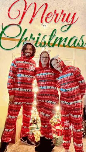 A Family Standing In Front Of A Christmas Tree Wearing Pajamas That Say Merry Christmas GIF