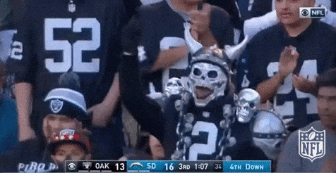 A Fan Wearing A Viking Helmet And A Skull Mask Is Watching A Football Game . GIF