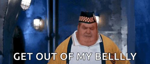 A Fat Man In A Kilt Says " Get Out Of My Belly " GIF