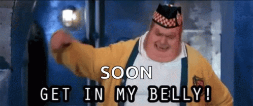 A Fat Man In A Yellow Jacket Says Get In My Belly GIF