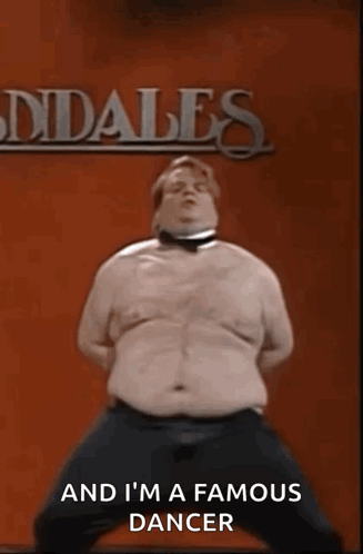 A Fat Man Is Dancing In Front Of A Didales Sign GIF