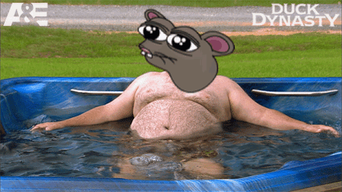 a fat man is laying in a hot tub with a cartoon mouse on his head